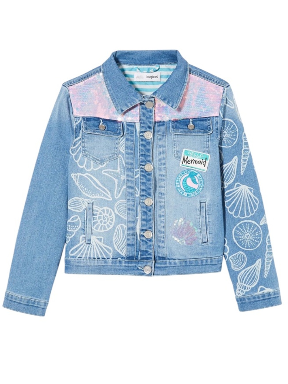 Desigual Chaq Cerezas Blue Denim Mermaid Jacket with Pink Sequins Size 3/4